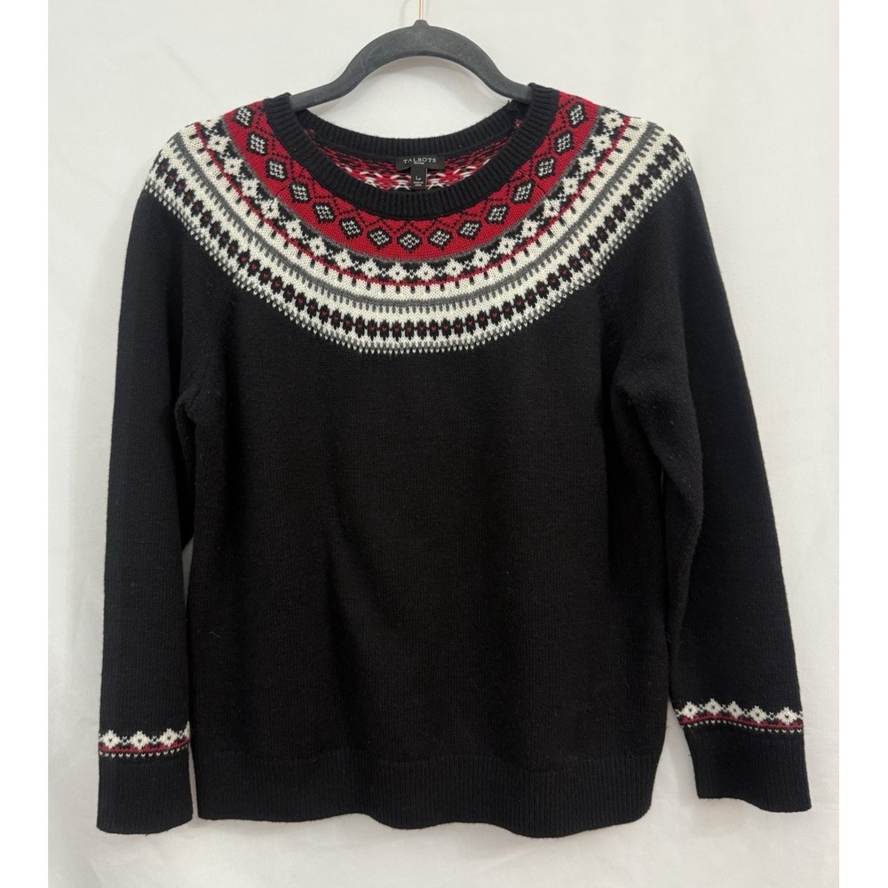 Talbots Black Crewneck Sweater with Red and White Fair Isle Yoke